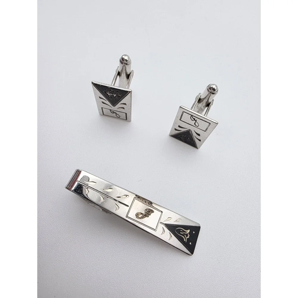Vintage KREISLER USA Cufflinks‎ Tie Clip/Bar Set 925 Sterling Silver & Black